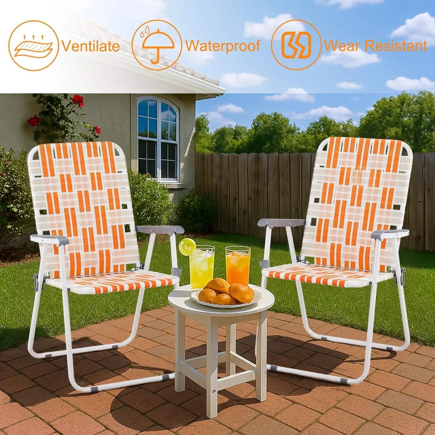 Outvita Webbed Lawn Chairs Set of 2, Foldable Metal Patio Chairs Stable Steel Outdoor Chair for Camping, Fishing, Beach, Poolside, Backyard and BBQ