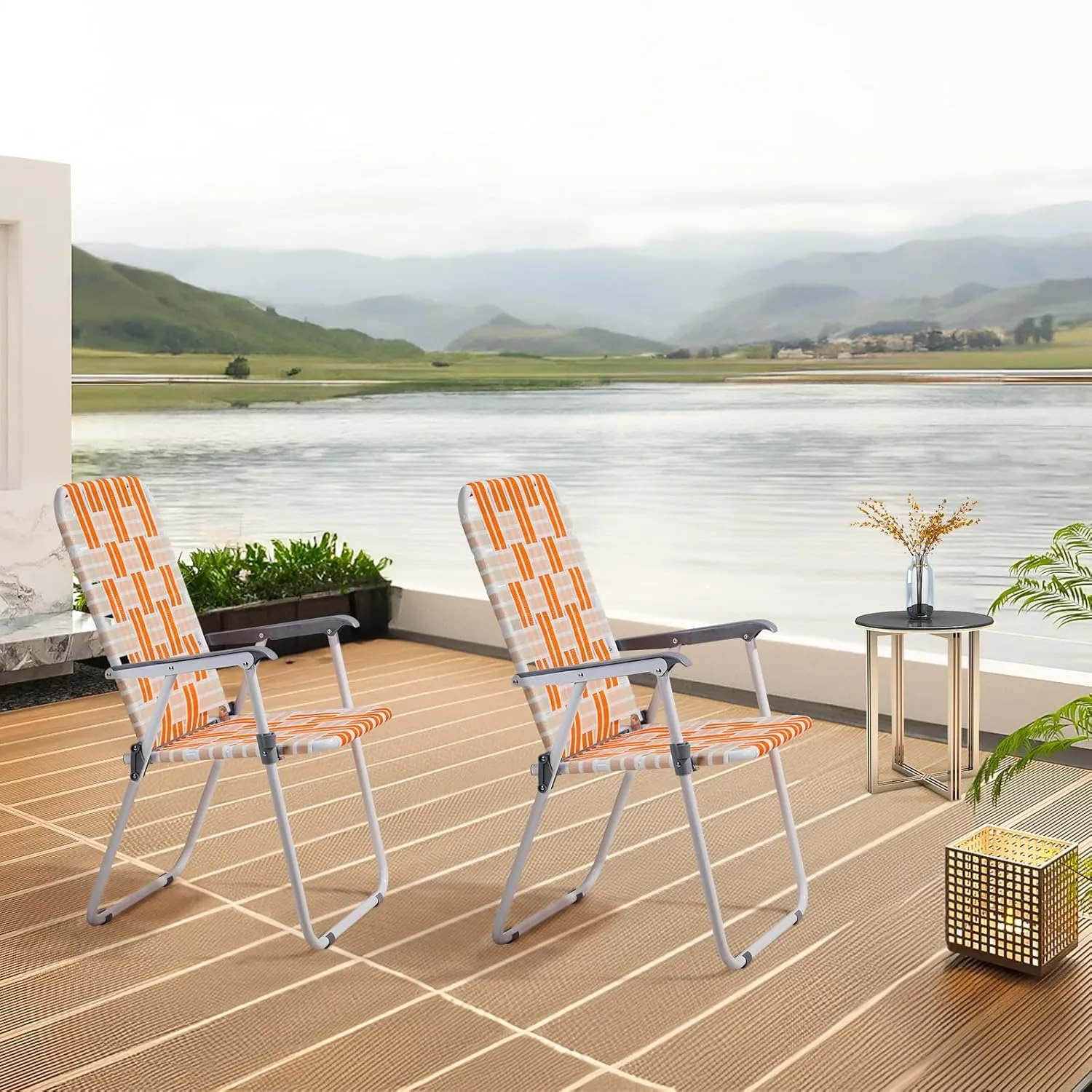 Outvita Webbed Lawn Chairs Set of 2, Foldable Metal Patio Chairs Stable Steel Outdoor Chair for Camping, Fishing, Beach, Poolside, Backyard and BBQ