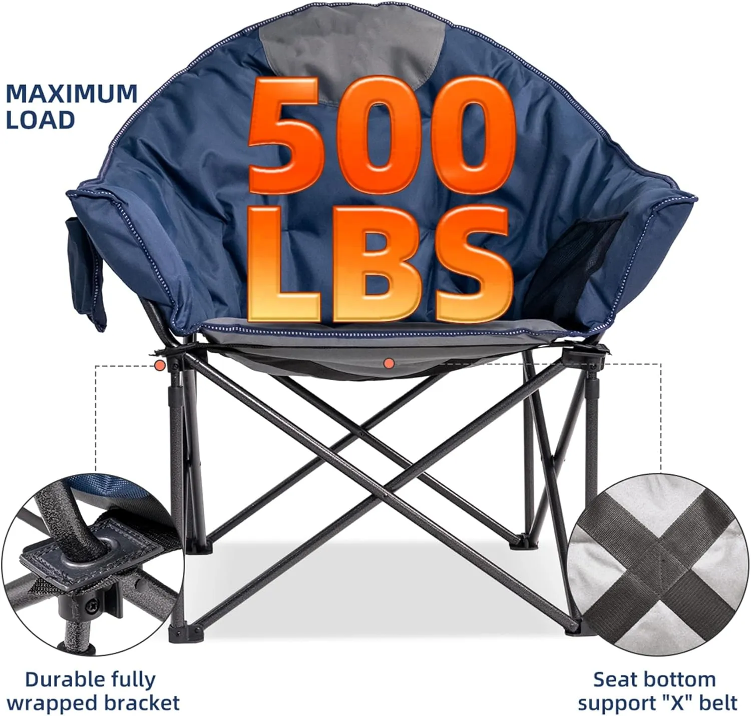 Oversized Camping Chair with Cup Holder & Carry Bag - 500lbs Heavy Duty Moon Saucer Chair for Outdoor, Lawn, Sports, Patio - Padded Folding Sofa Chair, Blue & Gray