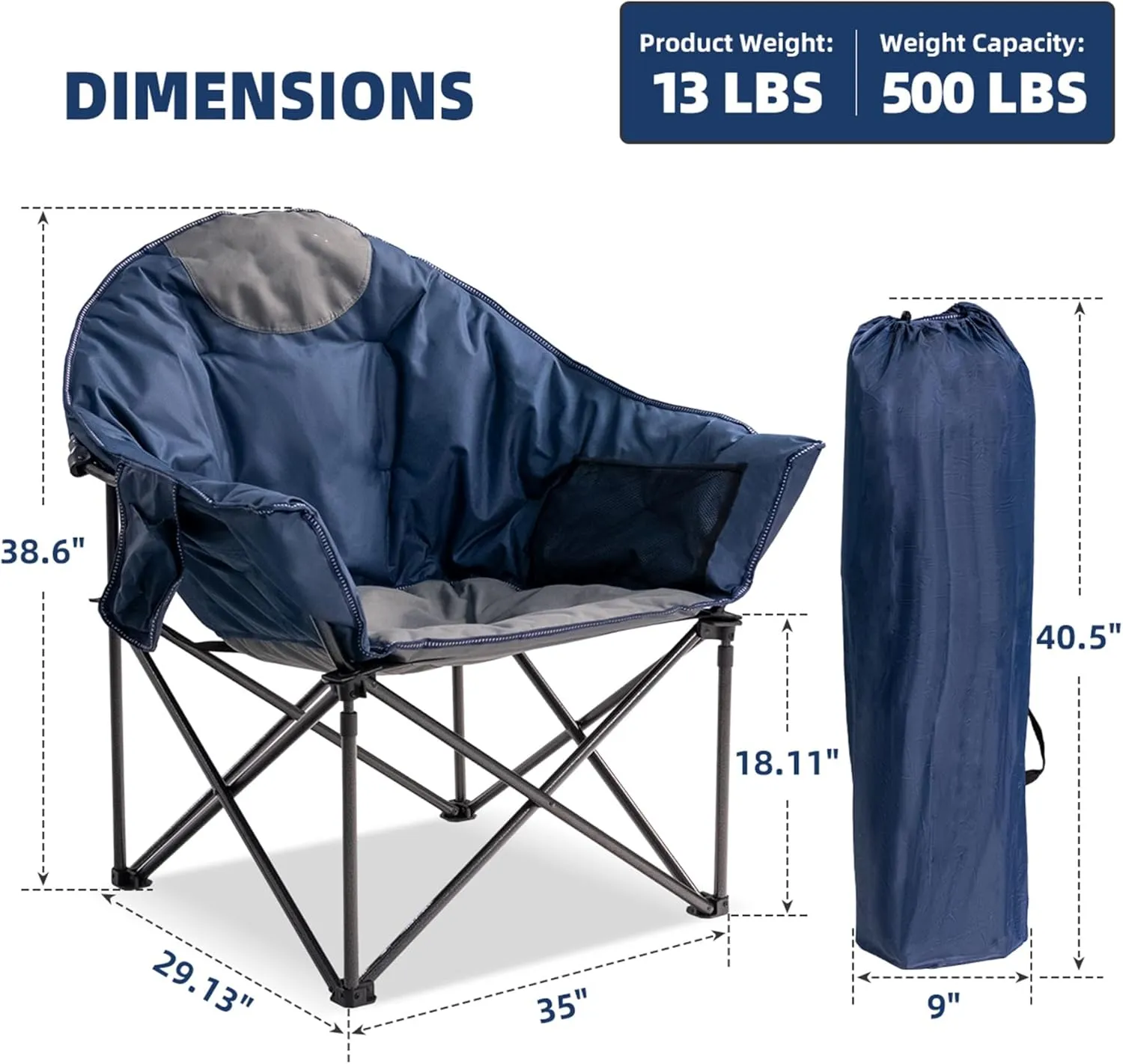Oversized Camping Chair with Cup Holder & Carry Bag - 500lbs Heavy Duty Moon Saucer Chair for Outdoor, Lawn, Sports, Patio - Padded Folding Sofa Chair, Blue & Gray