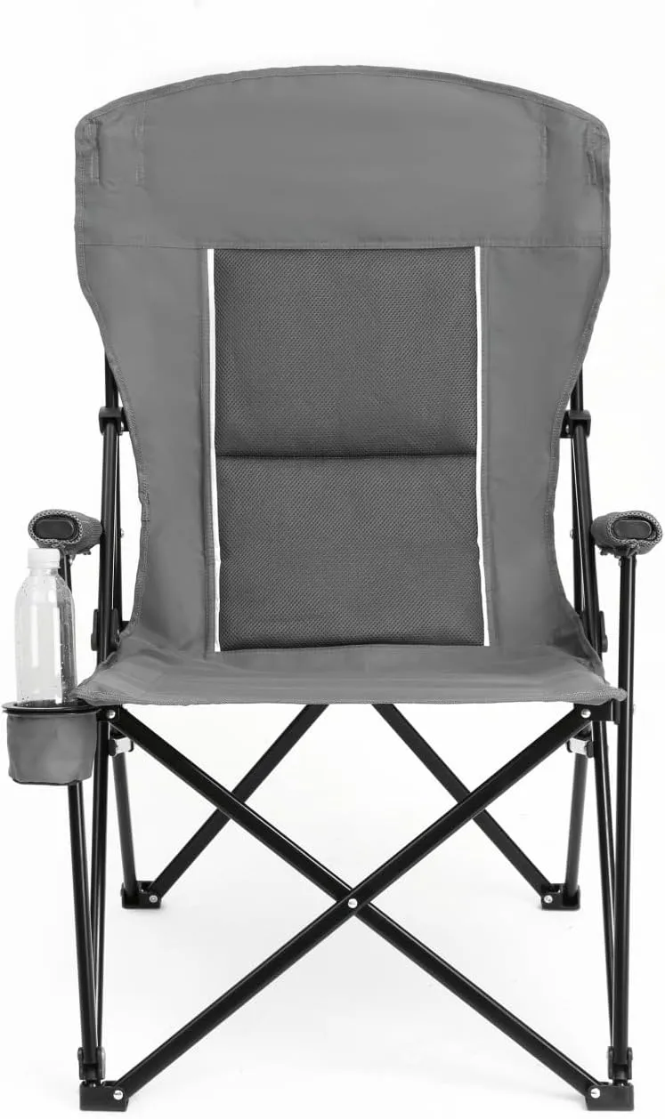 Oversized Camping Chairs, High Back Heavy Duty Lawn Chair Support 250LBS, Padded Portable Outdoor Chair with Cup Holder, Gray