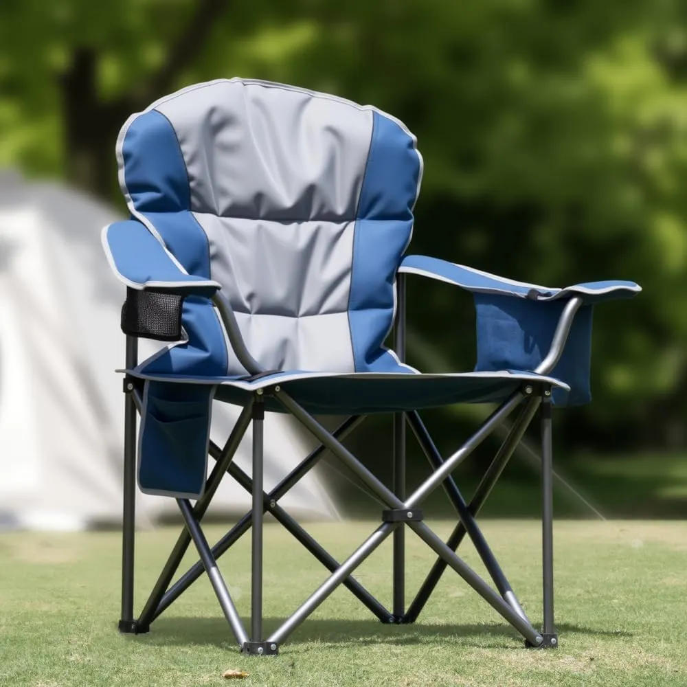 Oversized Camping Folding Chair, Heavy Duty Outdoor Chair with Padded Seat, Cup Holder, Side Pocket, Cooler Bag, 5000 LBS Steel Frame, Portable for Camping Beach Travel (Blue Gray   Iron   Nylon)