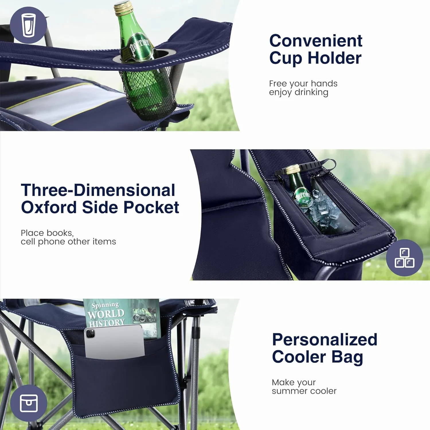 Oversized Camping Folding Chair, Heavy Duty Portable Outdoor Chair, Foldable Camp Chair with Cup Holder and Cooler Bag Support 450 LBS, 2 Pack, Dark Blue