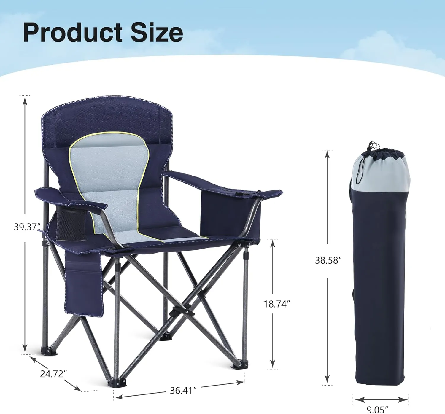 Oversized Camping Folding Chair, Heavy Duty Portable Outdoor Chair, Foldable Camp Chair with Cup Holder and Cooler Bag Support 450 LBS, 2 Pack, Dark Blue