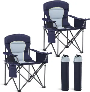 Oversized Camping Folding Chair, Heavy Duty Portable Outdoor Chair, Foldable Camp Chair with Cup Holder and Cooler Bag Support 450 LBS, 2 Pack, Dark Blue