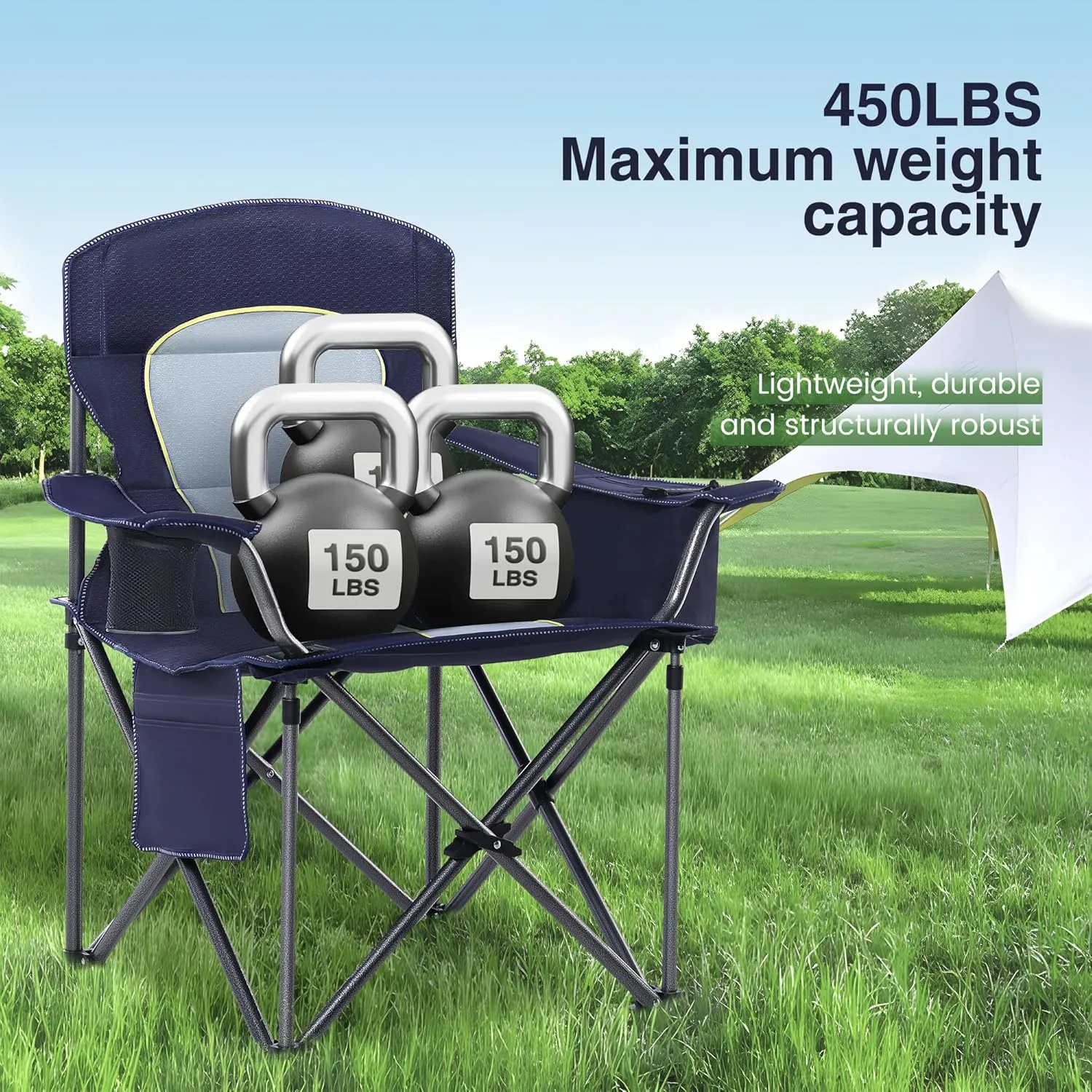 Oversized Camping Folding Chair, Heavy Duty Portable Outdoor Chair, Foldable Camp Chair with Cup Holder and Cooler Bag Support 450 LBS, 2 Pack, Dark Blue