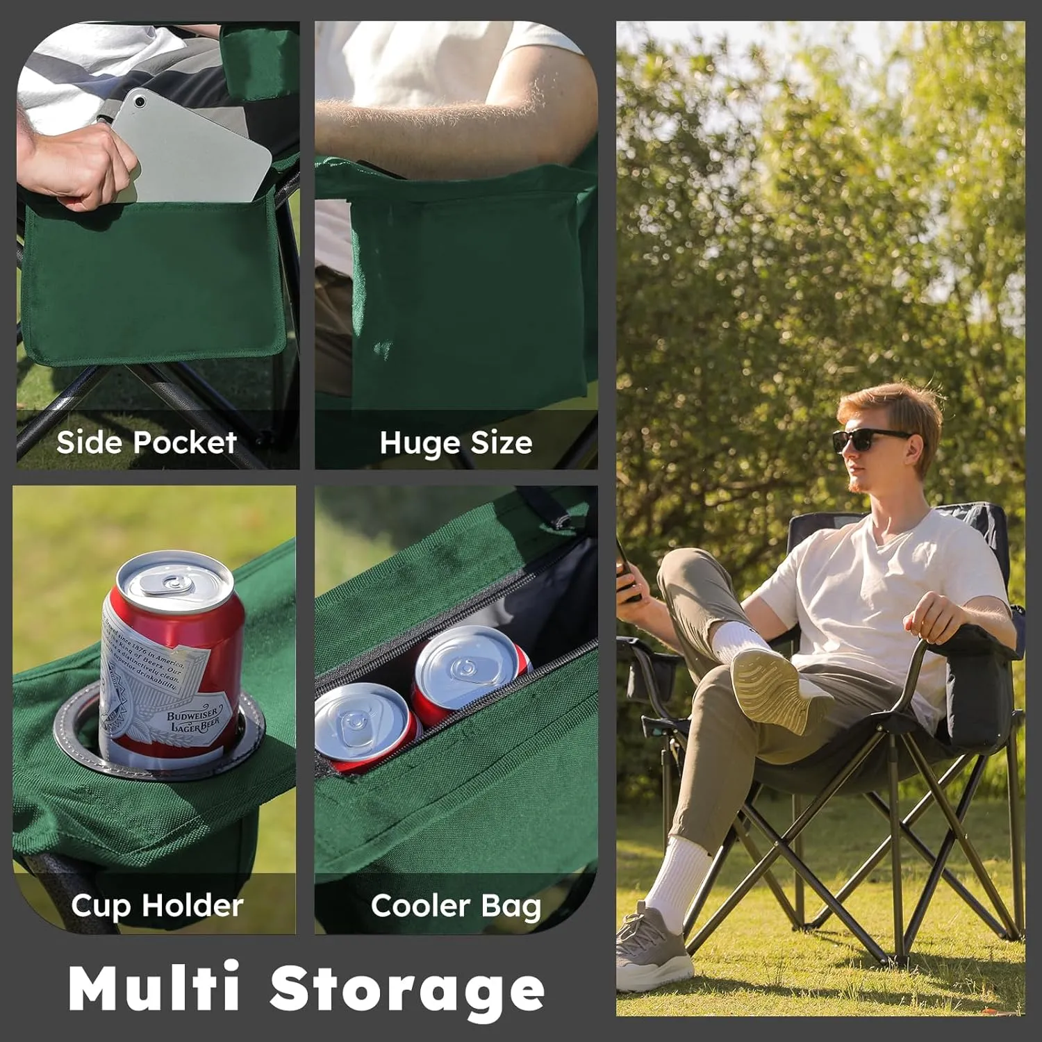 Oversized Folding Camping Chairs - 450 LBS Support Heavy Duty Camp Chair with Padded Cushion, Portable Outside Chairs with Carry Bag，Cooler, Cup Holder for Outdoor, Lawn, Sports - Green