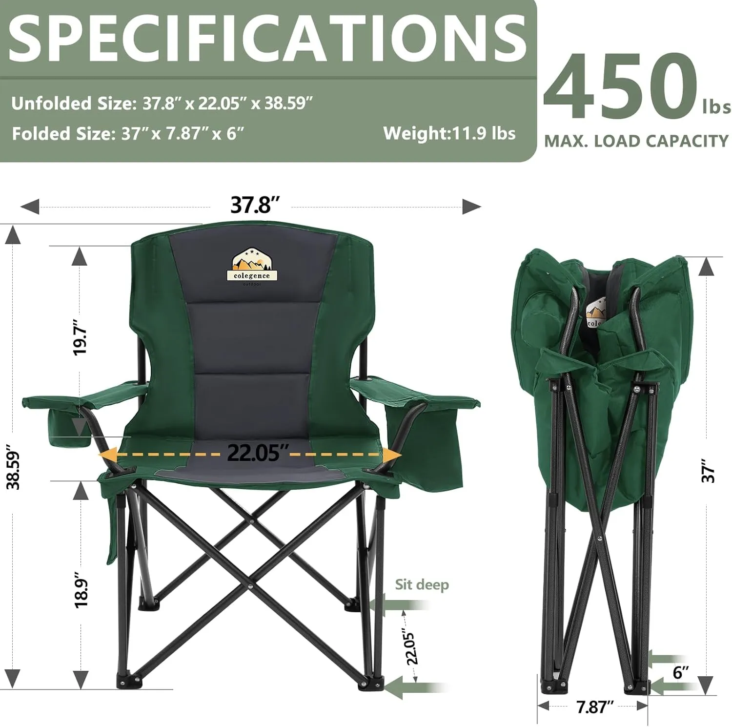 Oversized Folding Camping Chairs - 450 LBS Support Heavy Duty Camp Chair with Padded Cushion, Portable Outside Chairs with Carry Bag，Cooler, Cup Holder for Outdoor, Lawn, Sports - Green
