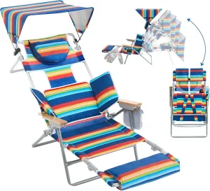 Oversized Heavy Duty Backpack Beach Chair with Sun Canopy, Reclining Lounge Chair Tanning Chair with Face Hole, 5-Position Foldable Camping Chair for Outdoor Sunbathing Beach Patio Pool (Multi Color)