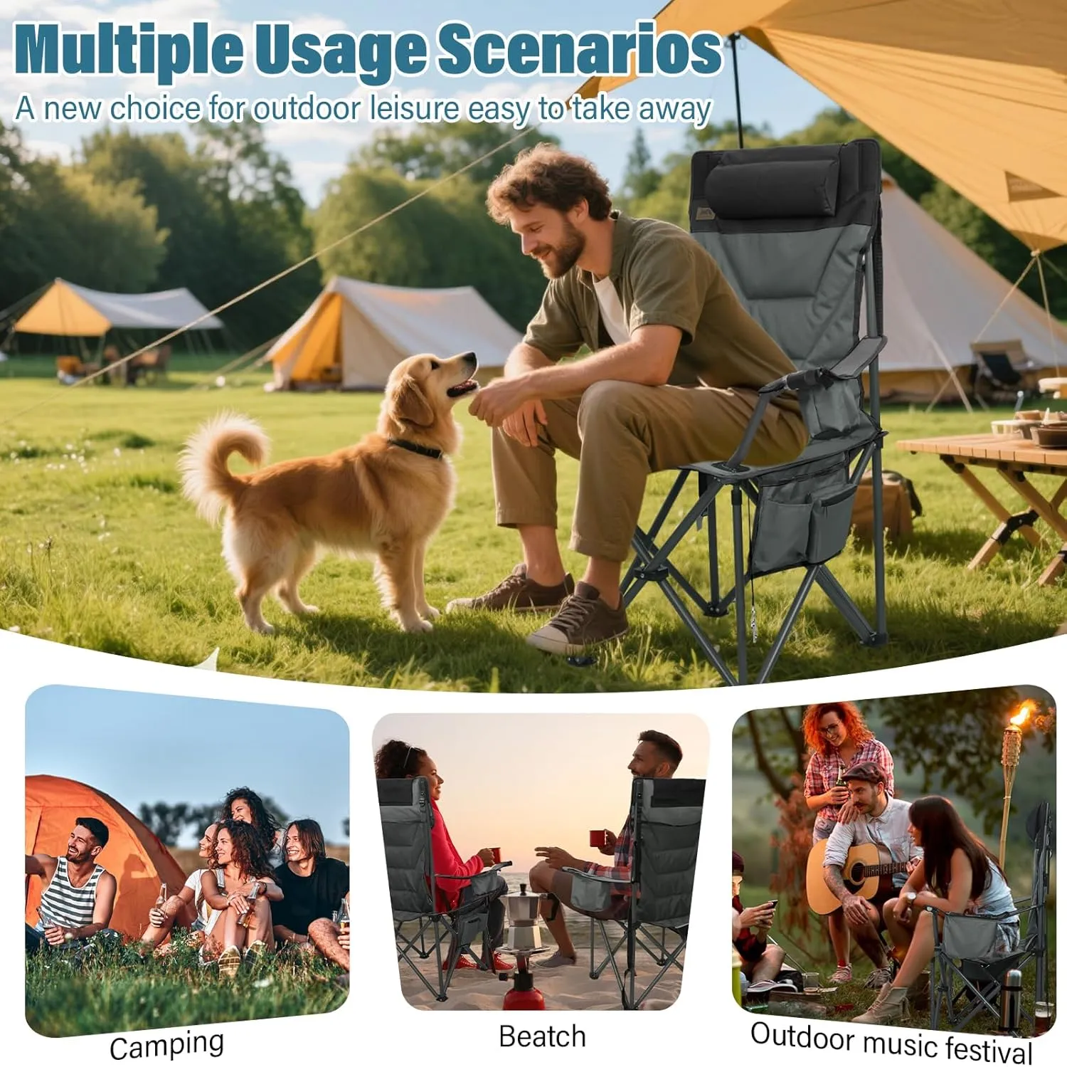 Oversized High-Back Camping Chairs with Pillow, Dual Cup Holders & Cooler Bag - Heavy Duty Foldable Outdoor Chair for Adults, Picnic, Fishing, Backyard, Sports （BlackGrey）