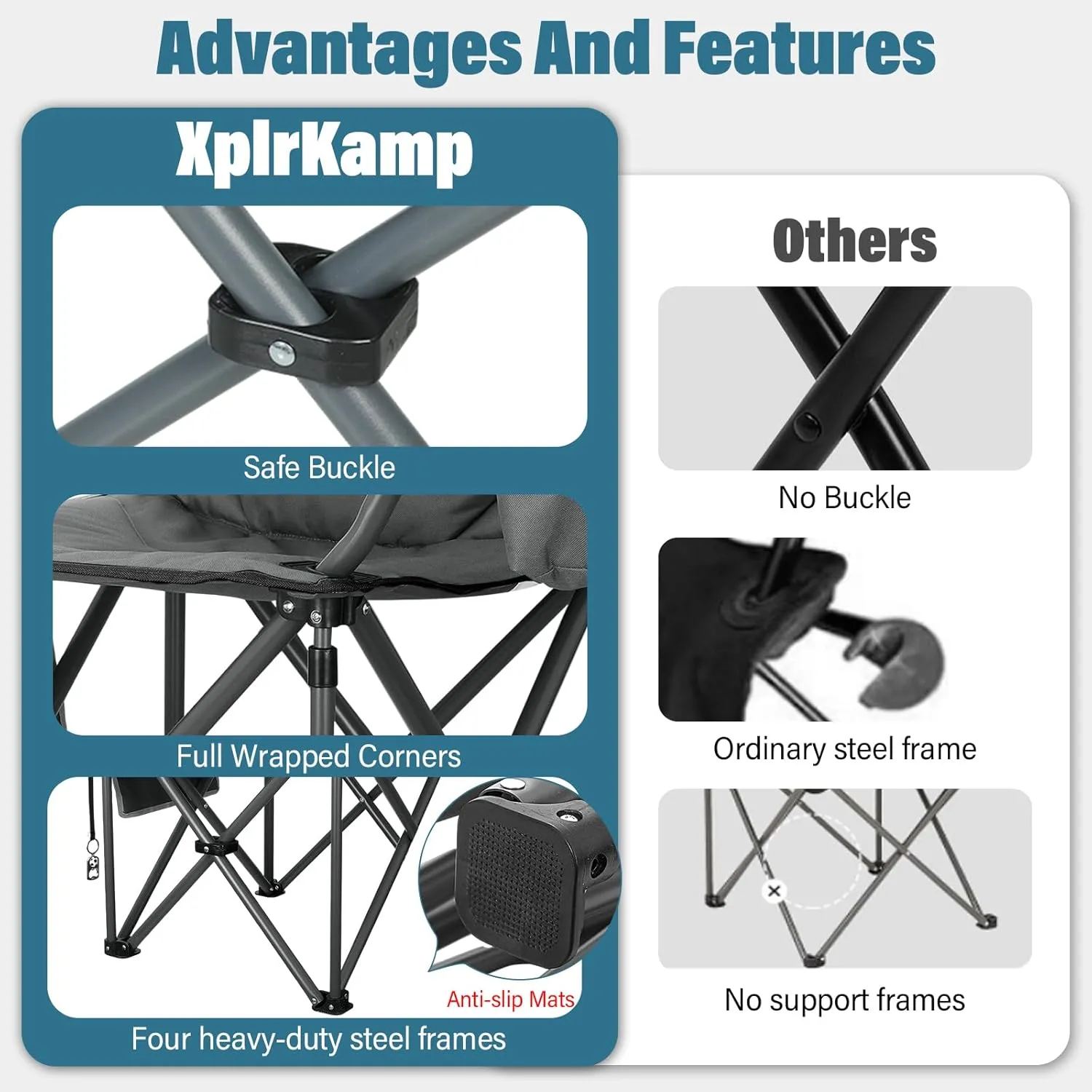 Oversized High-Back Camping Chairs with Pillow, Dual Cup Holders & Cooler Bag - Heavy Duty Foldable Outdoor Chair for Adults, Picnic, Fishing, Backyard, Sports （BlackGrey）