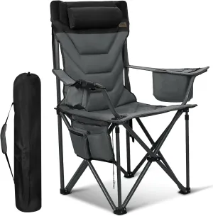 Oversized High-Back Camping Chairs with Pillow, Dual Cup Holders & Cooler Bag - Heavy Duty Foldable Outdoor Chair for Adults, Picnic, Fishing, Backyard, Sports （BlackGrey）