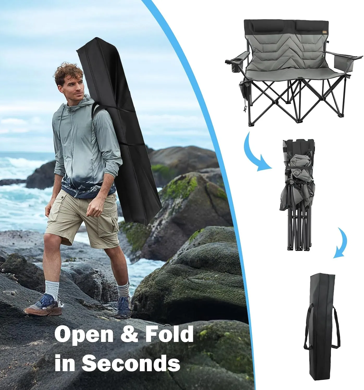 Oversized Loveseat for Adults,2 Person Portable Padded Camping Chair Heavy Duty,Arm Chair with Cup Hold,Folding Camping Loveseat for Outdoor Lawn Beach-Supports 650 LBS,Grey Black