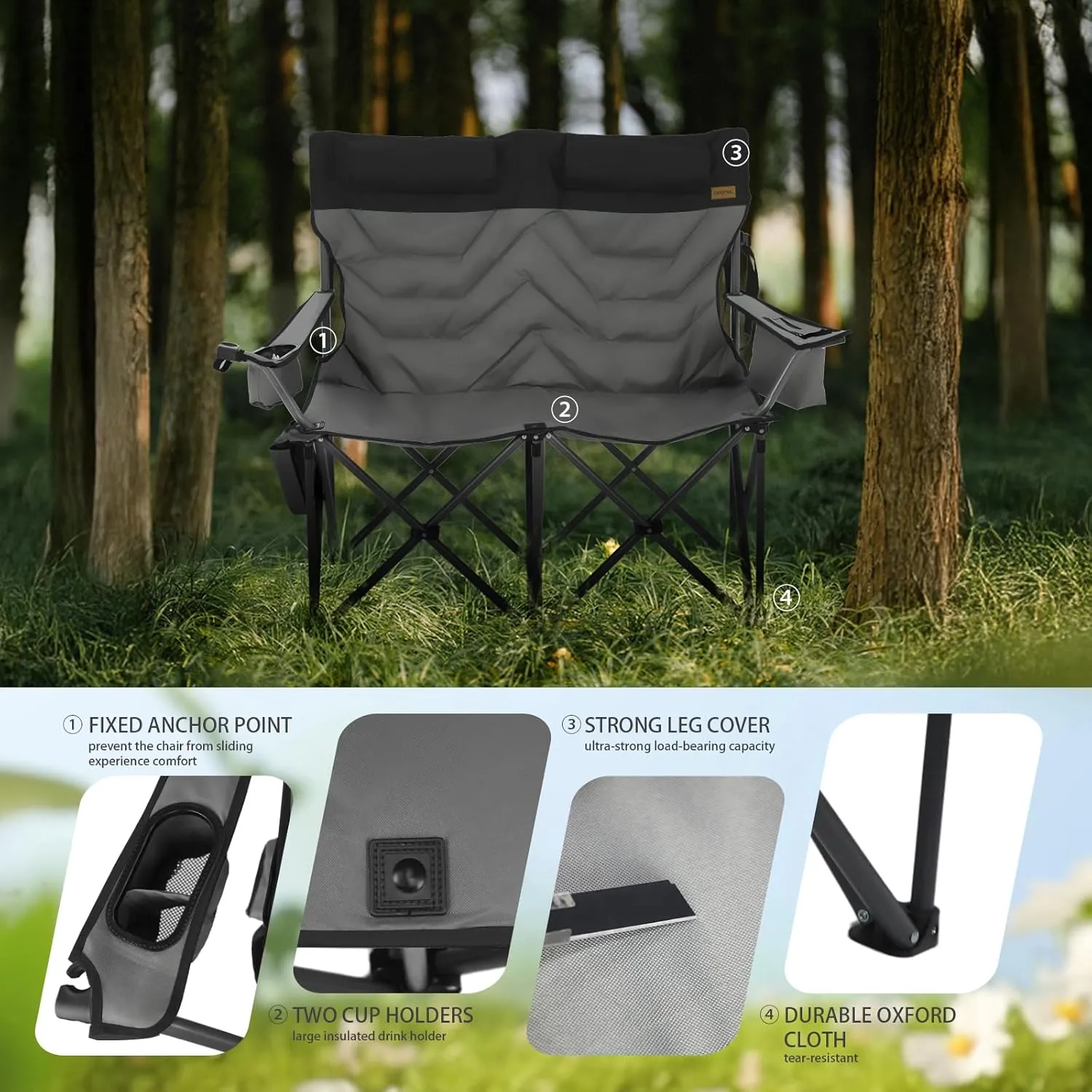 Oversized Loveseat for Adults,2 Person Portable Padded Camping Chair Heavy Duty,Arm Chair with Cup Hold,Folding Camping Loveseat for Outdoor Lawn Beach-Supports 650 LBS,Grey Black