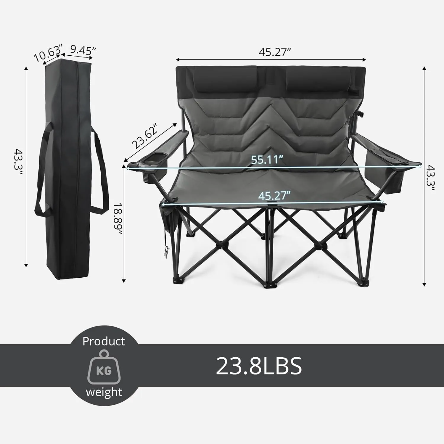 Oversized Loveseat for Adults,2 Person Portable Padded Camping Chair Heavy Duty,Arm Chair with Cup Hold,Folding Camping Loveseat for Outdoor Lawn Beach-Supports 650 LBS,Grey Black