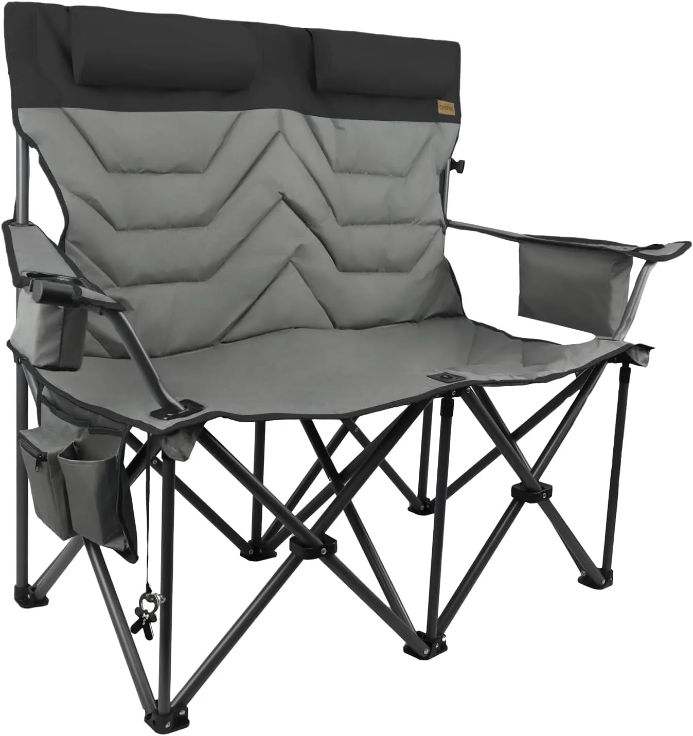 Oversized Loveseat for Adults,2 Person Portable Padded Camping Chair Heavy Duty,Arm Chair with Cup Hold,Folding Camping Loveseat for Outdoor Lawn Beach-Supports 650 LBS,Grey Black