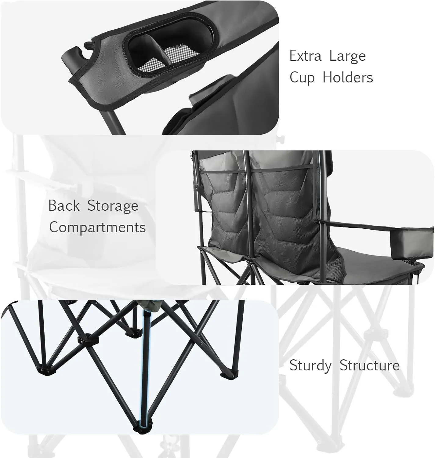 Oversized Loveseat for Adults,2 Person Portable Padded Camping Chair Heavy Duty,Arm Chair with Cup Hold,Folding Camping Loveseat for Outdoor Lawn Beach-Supports 650 LBS,Grey Black