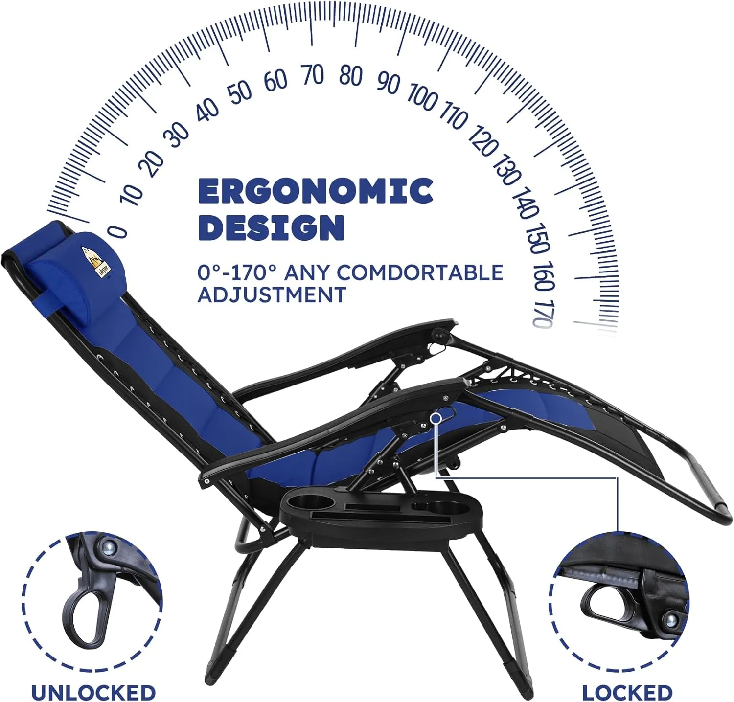 Oversized Padded Zero Gravity Lounge Chair, Foldable Patio Anti Gravity Reclining Chairs Folding Lawn Recliner with Cup Holder for Yard, Camping, Outdoor, Support 350 LBS, Blue
