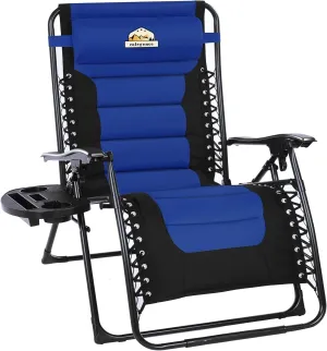 Oversized Padded Zero Gravity Lounge Chair, Foldable Patio Anti Gravity Reclining Chairs Folding Lawn Recliner with Cup Holder for Yard, Camping, Outdoor, Support 350 LBS, Blue