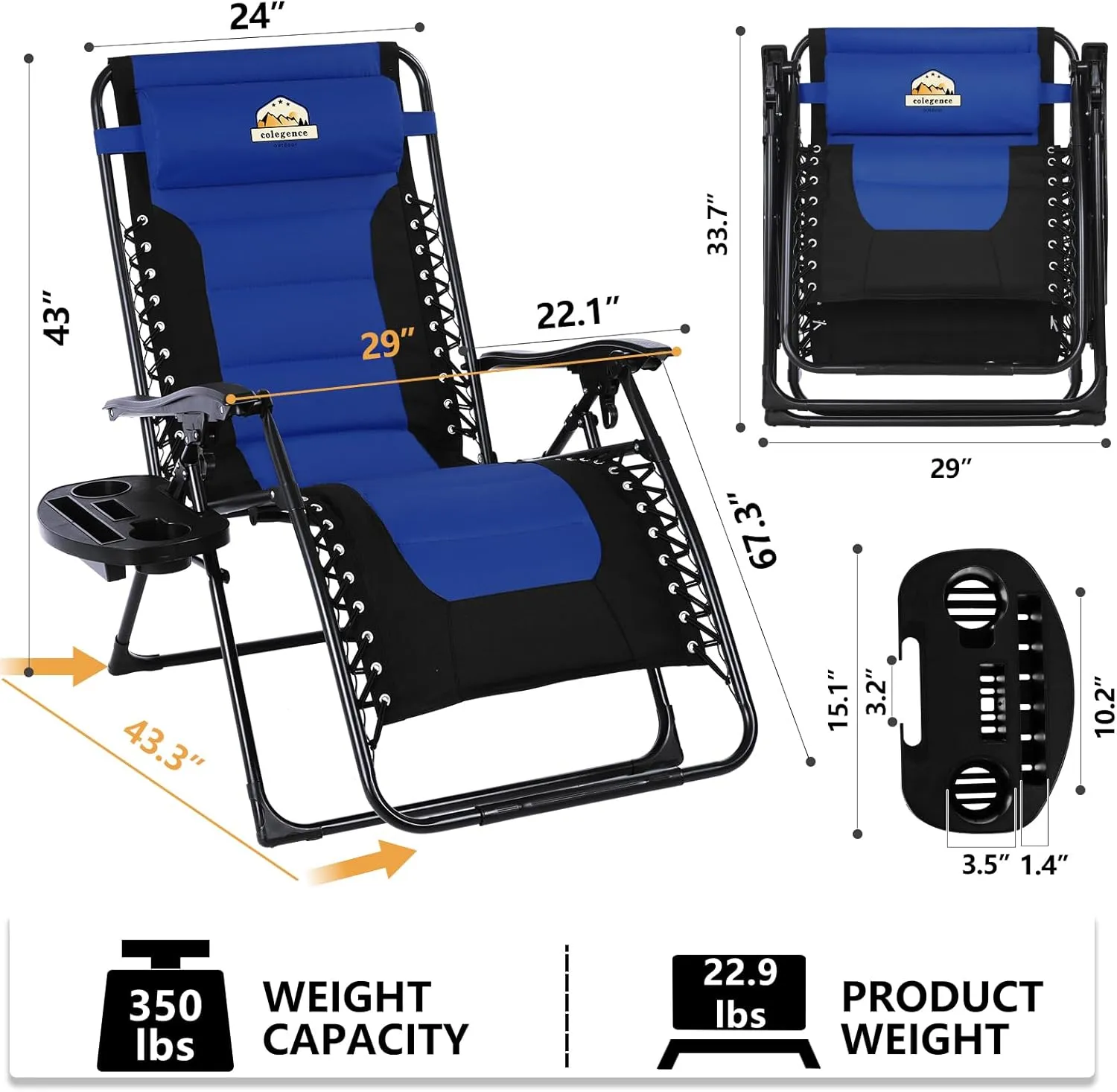 Oversized Padded Zero Gravity Lounge Chair, Foldable Patio Anti Gravity Reclining Chairs Folding Lawn Recliner with Cup Holder for Yard, Camping, Outdoor, Support 350 LBS, Blue