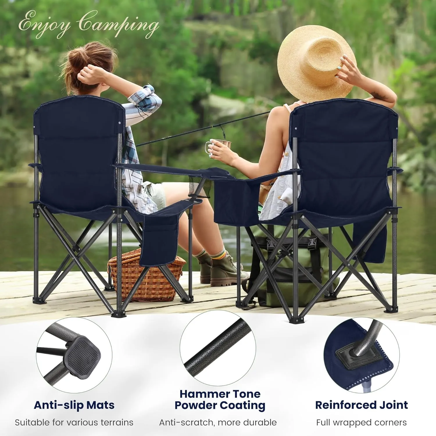 Oversized Portable Camping Folding Chair, Heavy Duty Foldable Outdoor Chair, Camp Chair with Cup Holder and Cooler Bag for Camp, Travel, Support 450 LBS, 2 Pack(Blue)…