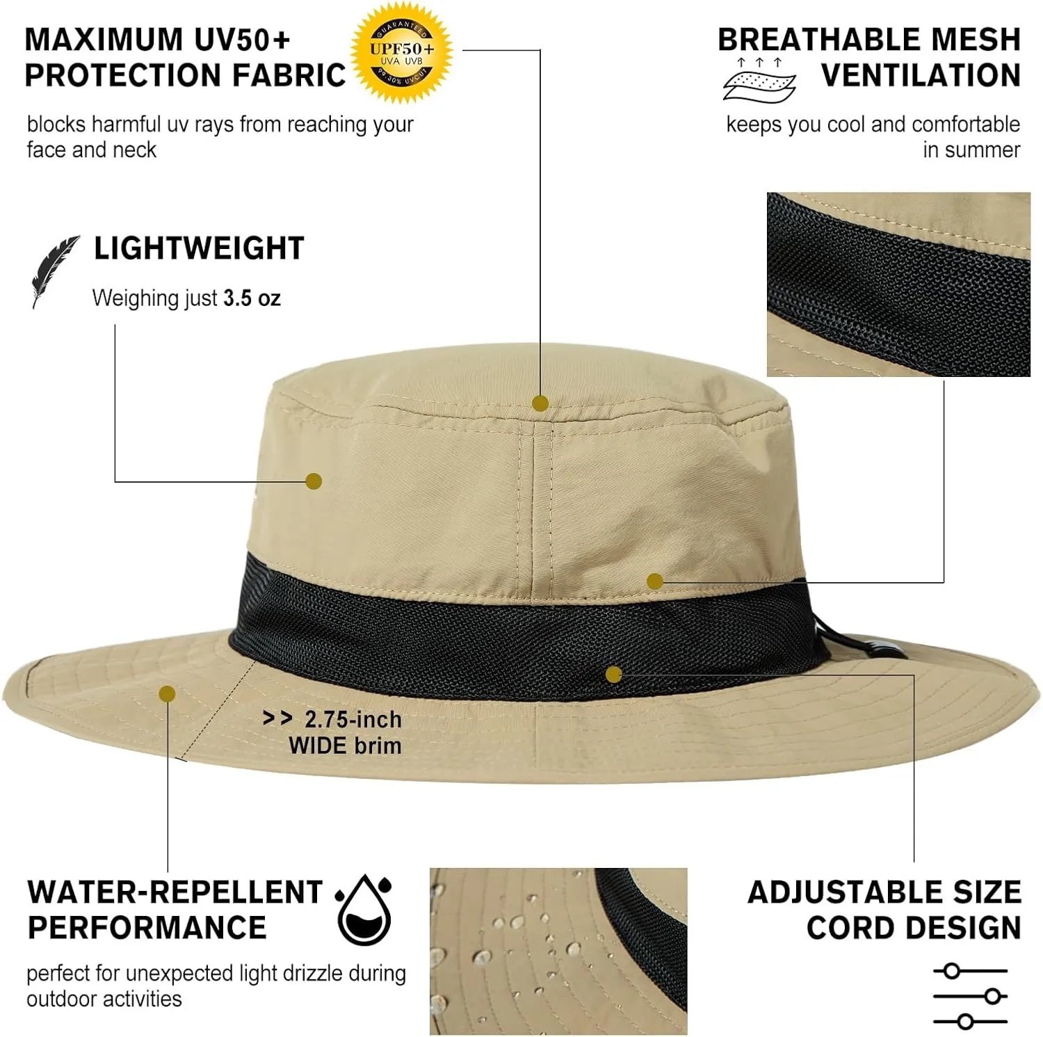 Oversized XL XXL Waterproof Sun Hat for Big Heads Mesh Bucket Hat Wide Brim Adjustable Packable Hiking Beach Fishing
