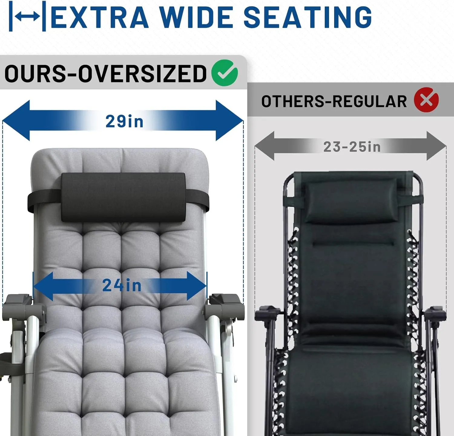 Oversized Zero Gravity Chair, XL Lounge Chair 29” Width, Padded Recliner Chair W/Removable Cushion & Adj Headrest, Storage Bag, Footrest Cushion, Cup Holder, for Indoor Outdoor, Gray