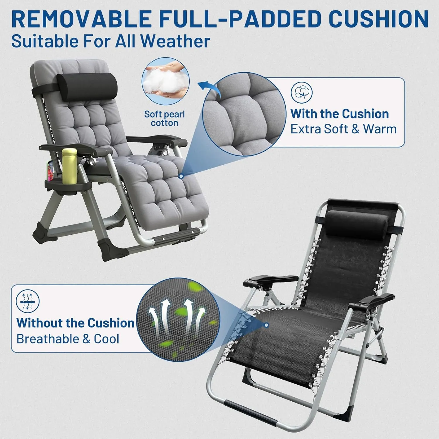 Oversized Zero Gravity Chair, XL Lounge Chair 29” Width, Padded Recliner Chair W/Removable Cushion & Adj Headrest, Storage Bag, Footrest Cushion, Cup Holder, for Indoor Outdoor, Gray
