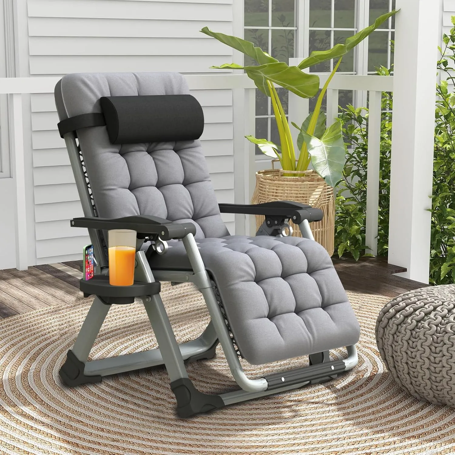 Oversized Zero Gravity Chair, XL Lounge Chair 29” Width, Padded Recliner Chair W/Removable Cushion & Adj Headrest, Storage Bag, Footrest Cushion, Cup Holder, for Indoor Outdoor, Gray