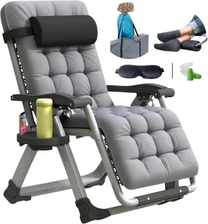 Oversized Zero Gravity Chair, XL Lounge Chair 29” Width, Padded Recliner Chair W/Removable Cushion & Adj Headrest, Storage Bag, Footrest Cushion, Cup Holder, for Indoor Outdoor, Gray