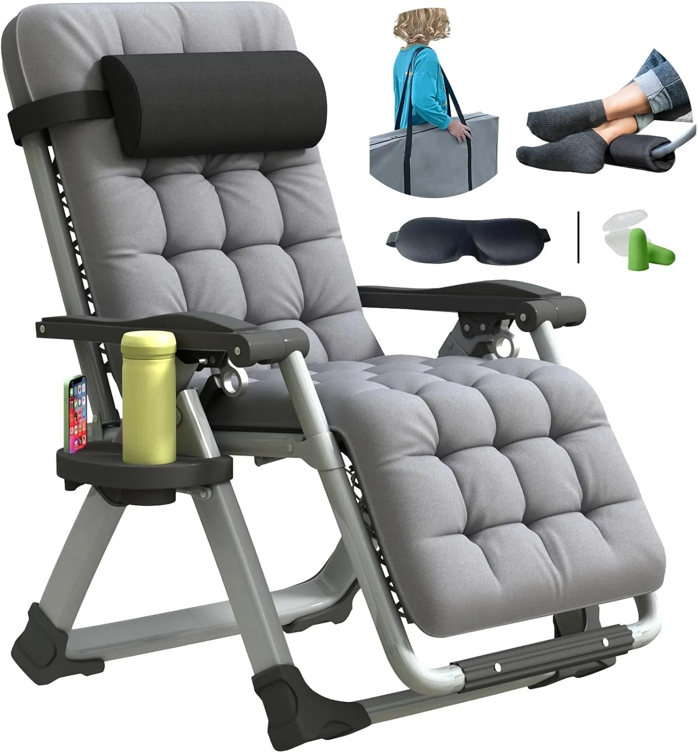 Oversized Zero Gravity Chair, XL Lounge Chair 29” Width, Padded Recliner Chair W/Removable Cushion & Adj Headrest, Storage Bag, Footrest Cushion, Cup Holder, for Indoor Outdoor, Gray