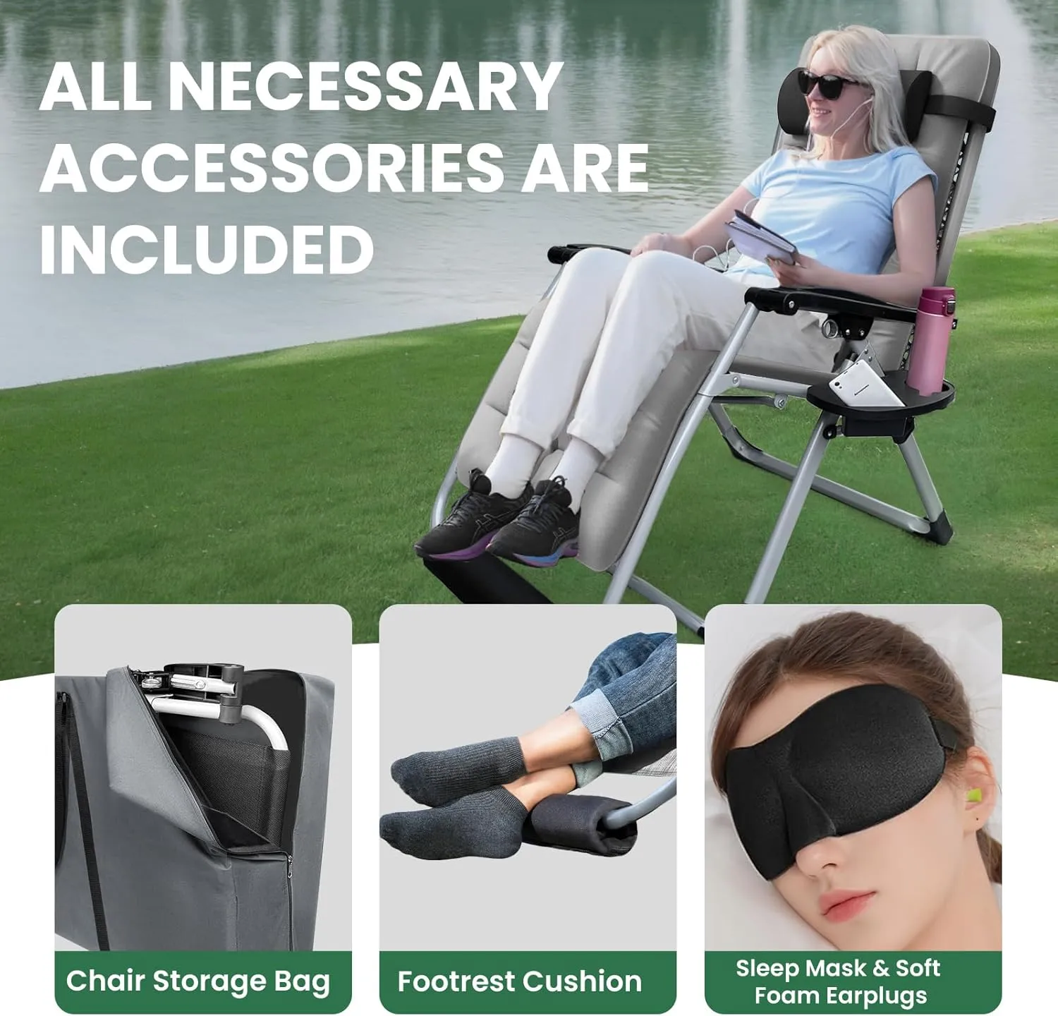 Oversized Zero Gravity Chair, XL Lounge Chair 29” Width, Padded Reclining Camping Chair W/Removable Cushion & Adj Headrest, Storage Bag, Footrest Cushion, Cup Holder, for Indoor Outdoor, Gray