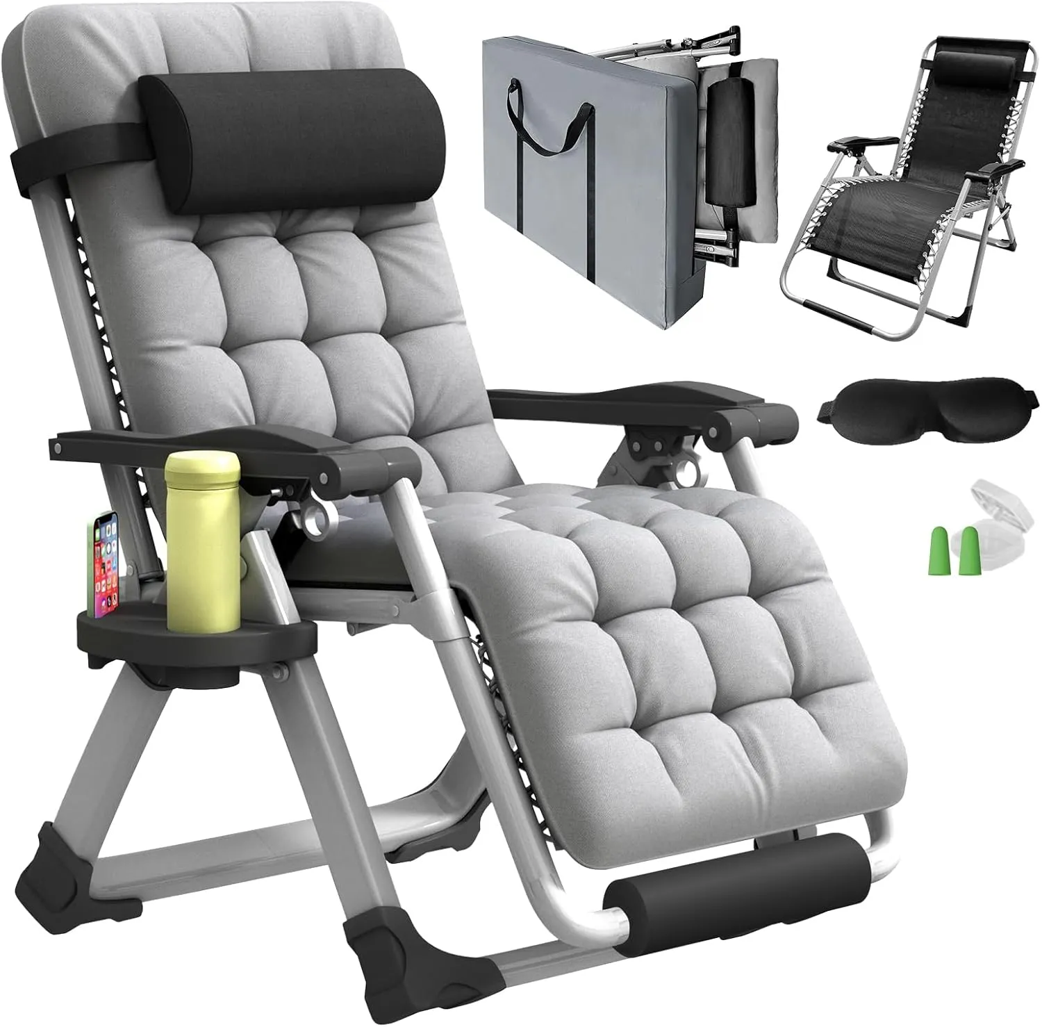 Oversized Zero Gravity Chair, XL Lounge Chair 29” Width, Padded Reclining Camping Chair W/Removable Cushion & Adj Headrest, Storage Bag, Footrest Cushion, Cup Holder, for Indoor Outdoor, Gray