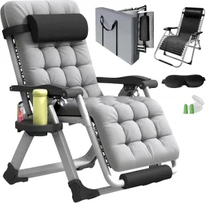 Oversized Zero Gravity Chair, XL Lounge Chair 29” Width, Padded Reclining Camping Chair W/Removable Cushion & Adj Headrest, Storage Bag, Footrest Cushion, Cup Holder, for Indoor Outdoor, Gray
