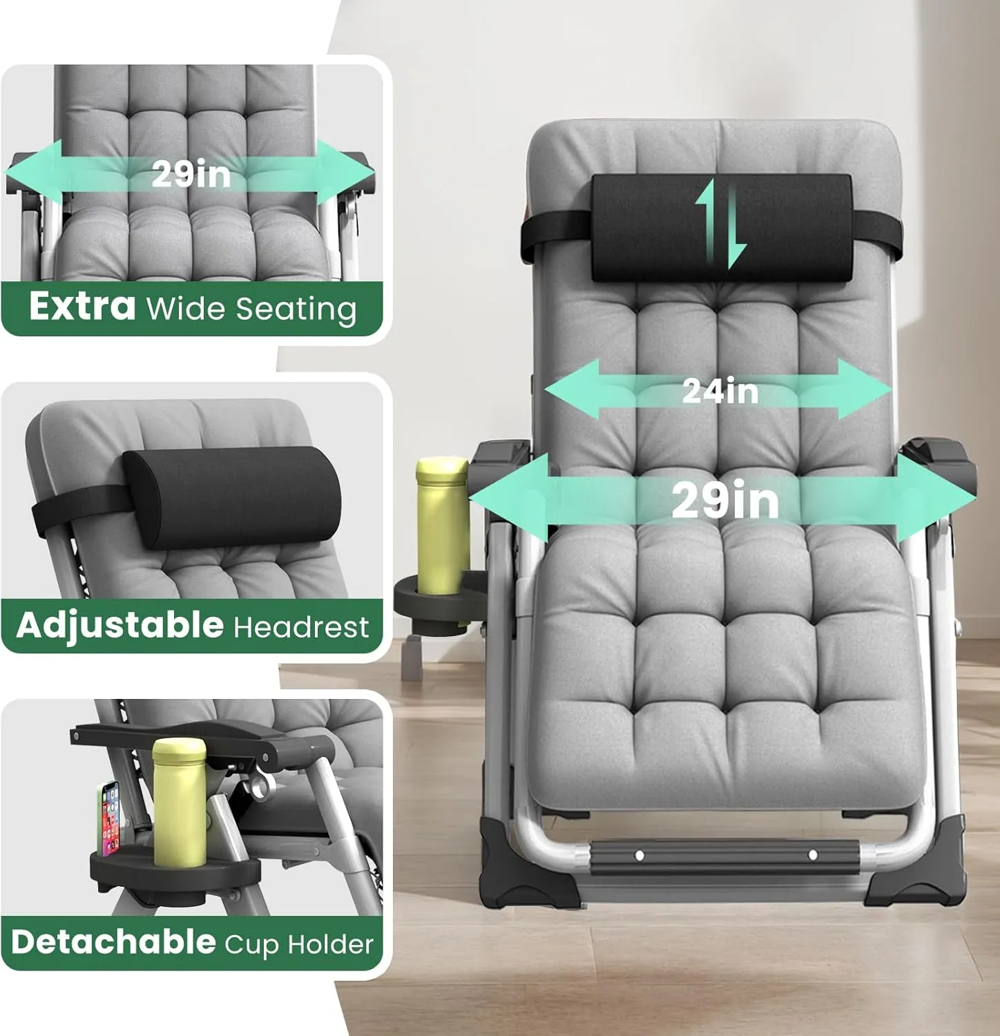 Oversized Zero Gravity Chair, XL Lounge Chair 29” Width, Padded Reclining Camping Chair W/Removable Cushion & Adj Headrest, Storage Bag, Footrest Cushion, Cup Holder, for Indoor Outdoor, Gray