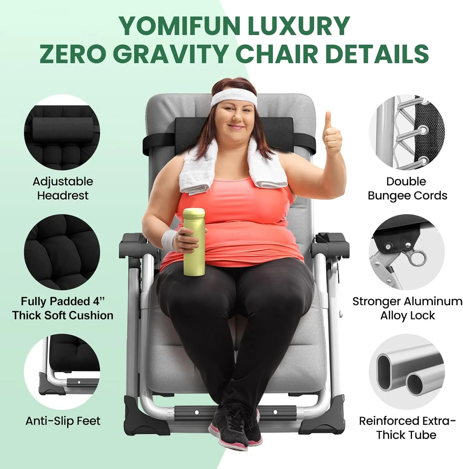 Oversized Zero Gravity Chair, XL Lounge Chair 29” Width, Padded Reclining Camping Chair W/Removable Cushion & Adj Headrest, Storage Bag, Footrest Cushion, Cup Holder, for Indoor Outdoor, Gray