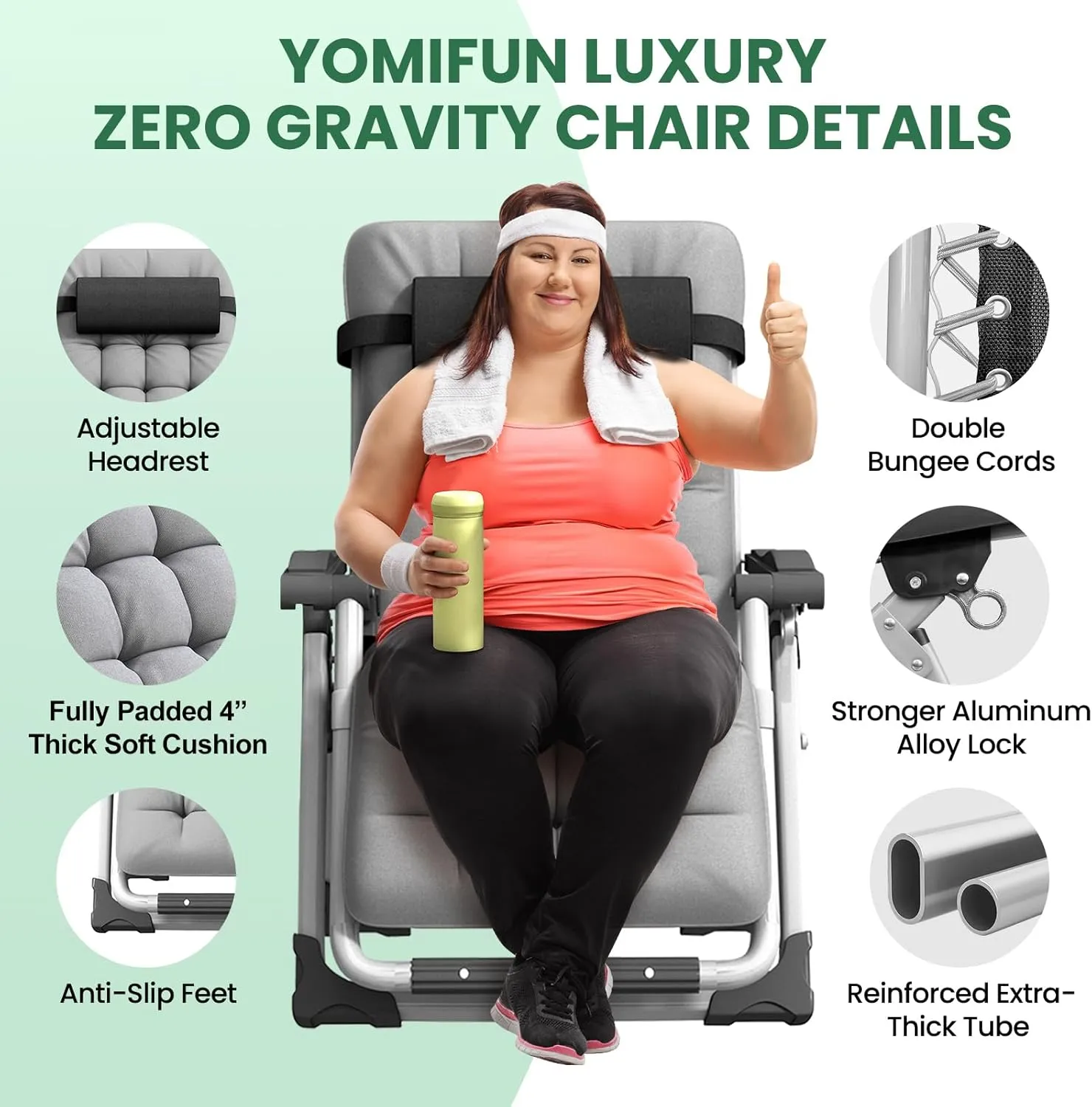 Oversized Zero Gravity Chair, XL Lounge Chair 29” Width, Padded Reclining Camping Chair W/Removable Cushion & Adj Headrest, Storage Bag, Footrest Cushion, Cup Holder, for Indoor Outdoor, Gray