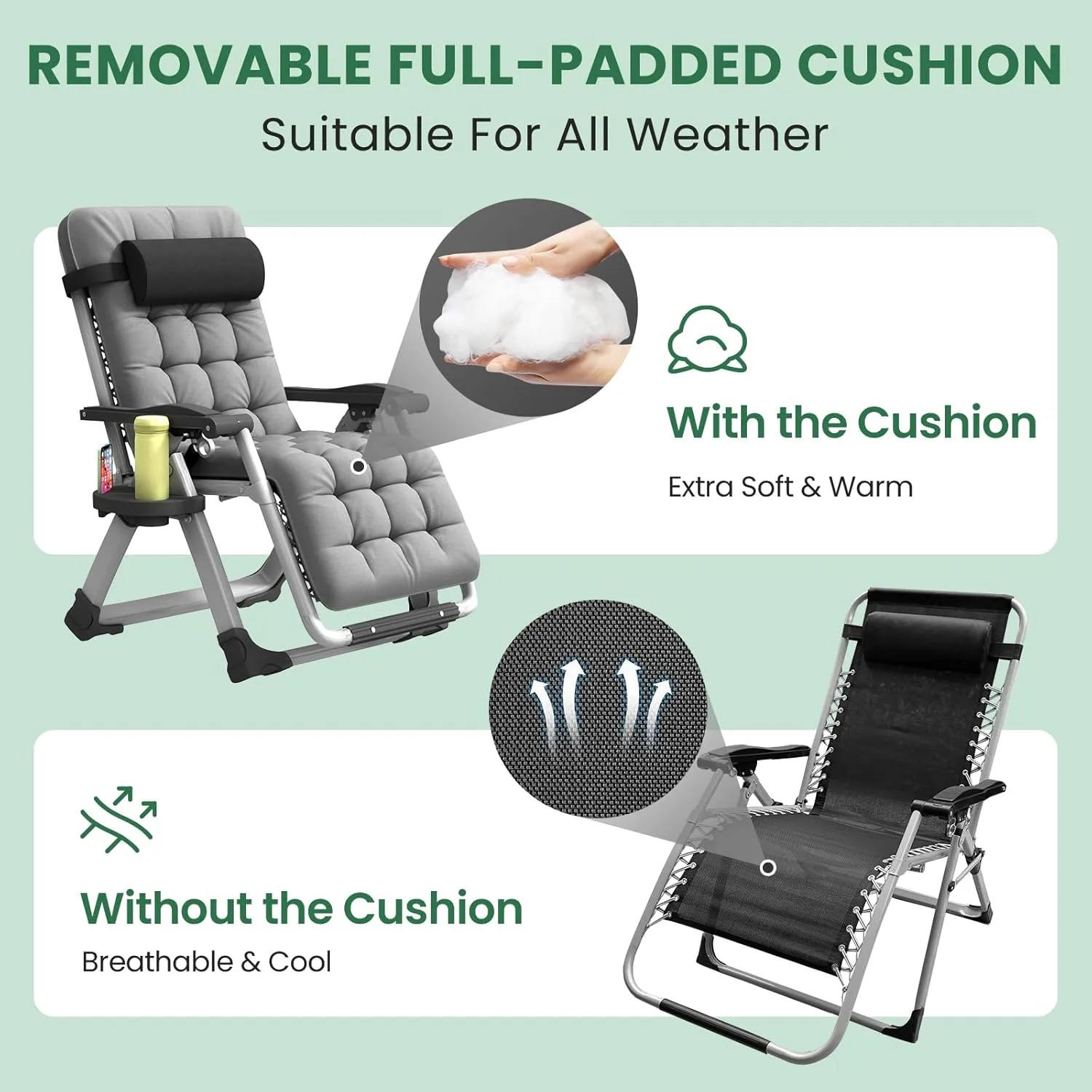 Oversized Zero Gravity Chair, XL Lounge Chair 29” Width, Padded Reclining Camping Chair W/Removable Cushion & Adj Headrest, Storage Bag, Footrest Cushion, Cup Holder, for Indoor Outdoor, Gray