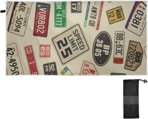 Oyihfvs Vintage Car Number Plates Quick Drying Beach Towel, Foldable Yoga Towel, Soft Sport Towel, Sweat Absorbent Towel with Storage Mesh Bag 30 x 60 inch (S)