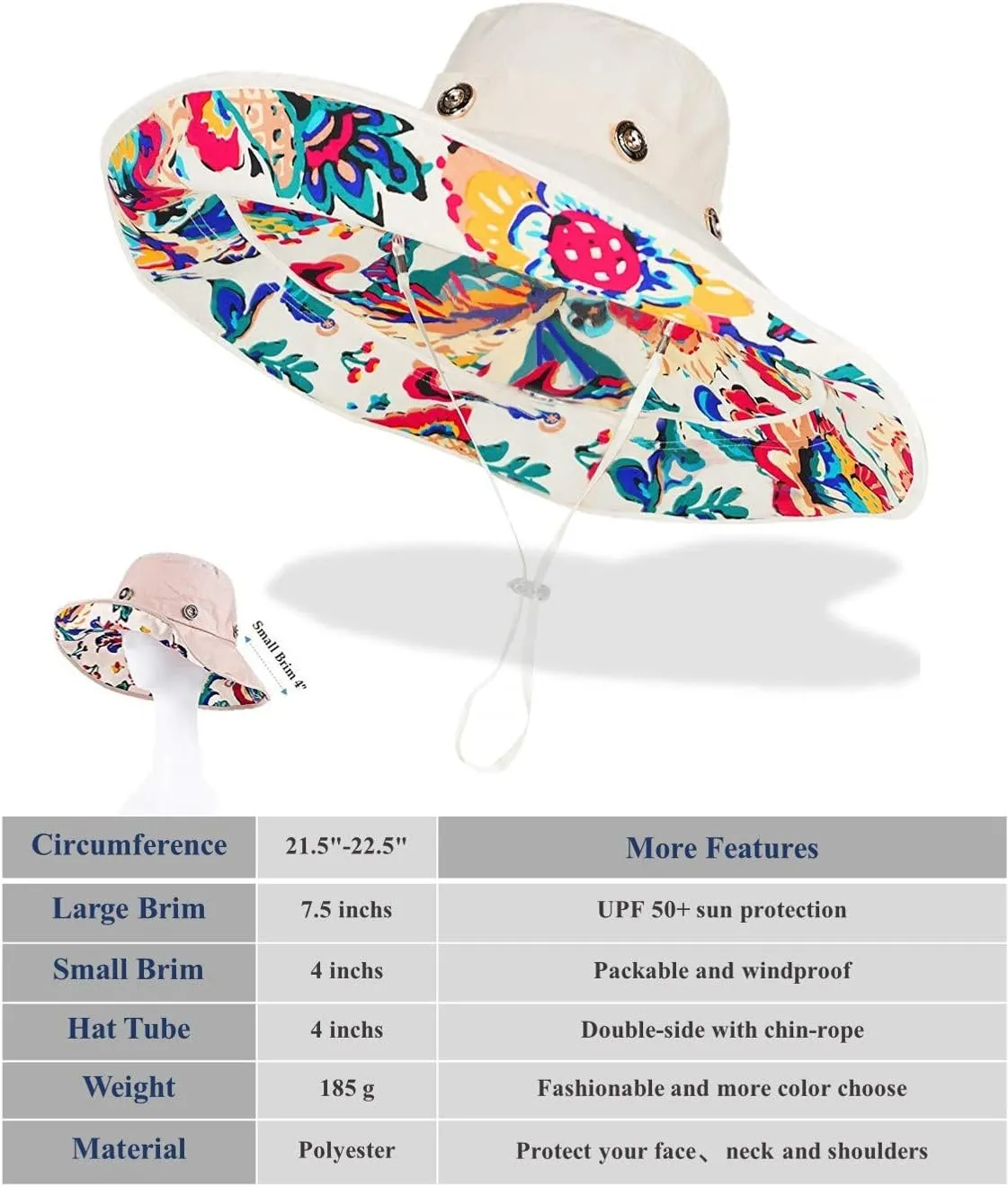 Packable Extra Large Brim Floppy Sun Hat Reversible UPF 50  Beach Sun Bucket Hat