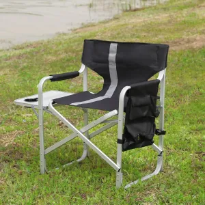 Padded Folding Outdoor Chair with Side Table and Storage Pockets, Lightweight Oversized Design for Camping, Picnics, and Fishing, Black/Grey
