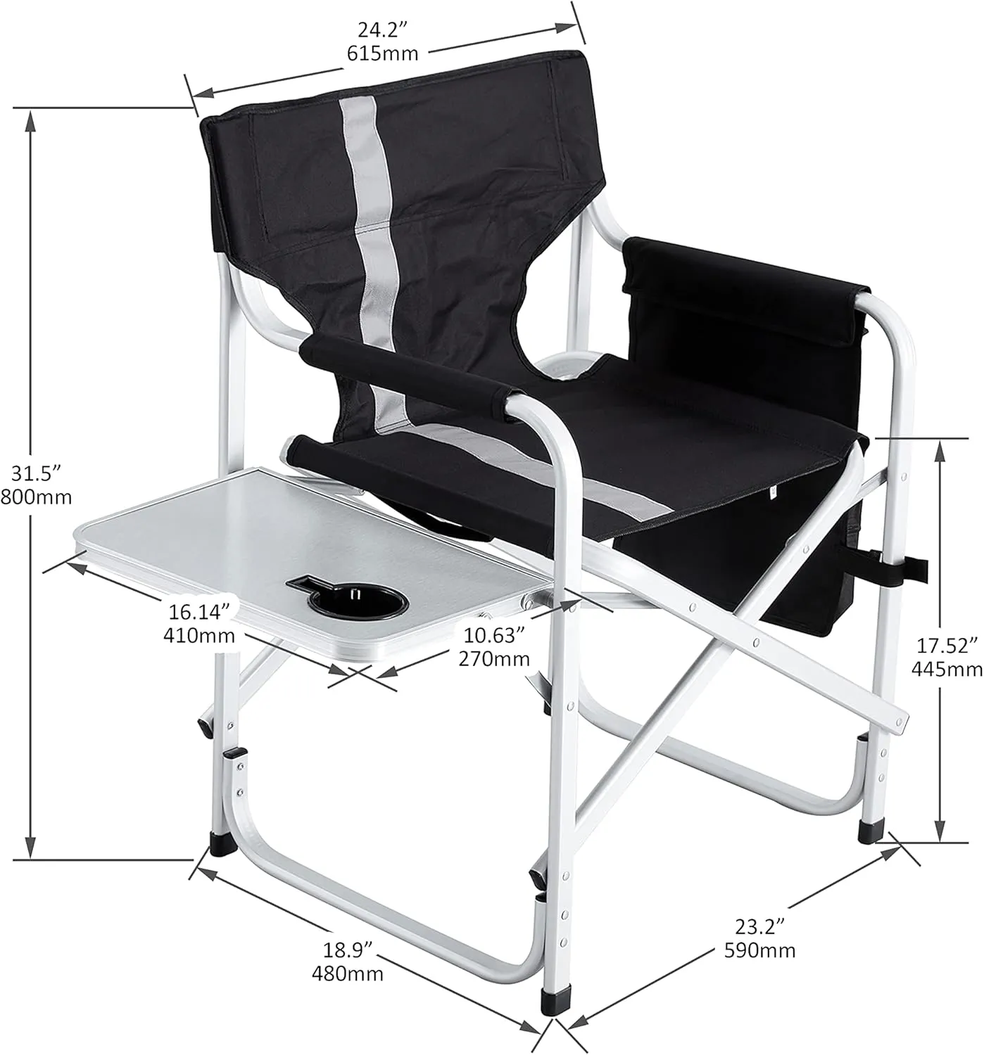 Padded Folding Outdoor Chair with Side Table and Storage Pockets,Lightweight Oversized Directors Chair for Indoor, Outdoor Camping, Picnics and Fishing (1, Black  Gray 1)