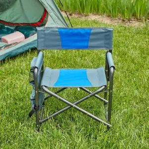Padded Folding Outdoor Chair with Storage Pockets, Lightweight Oversized Directors Chair for Camping and Picnics, Blue/Grey