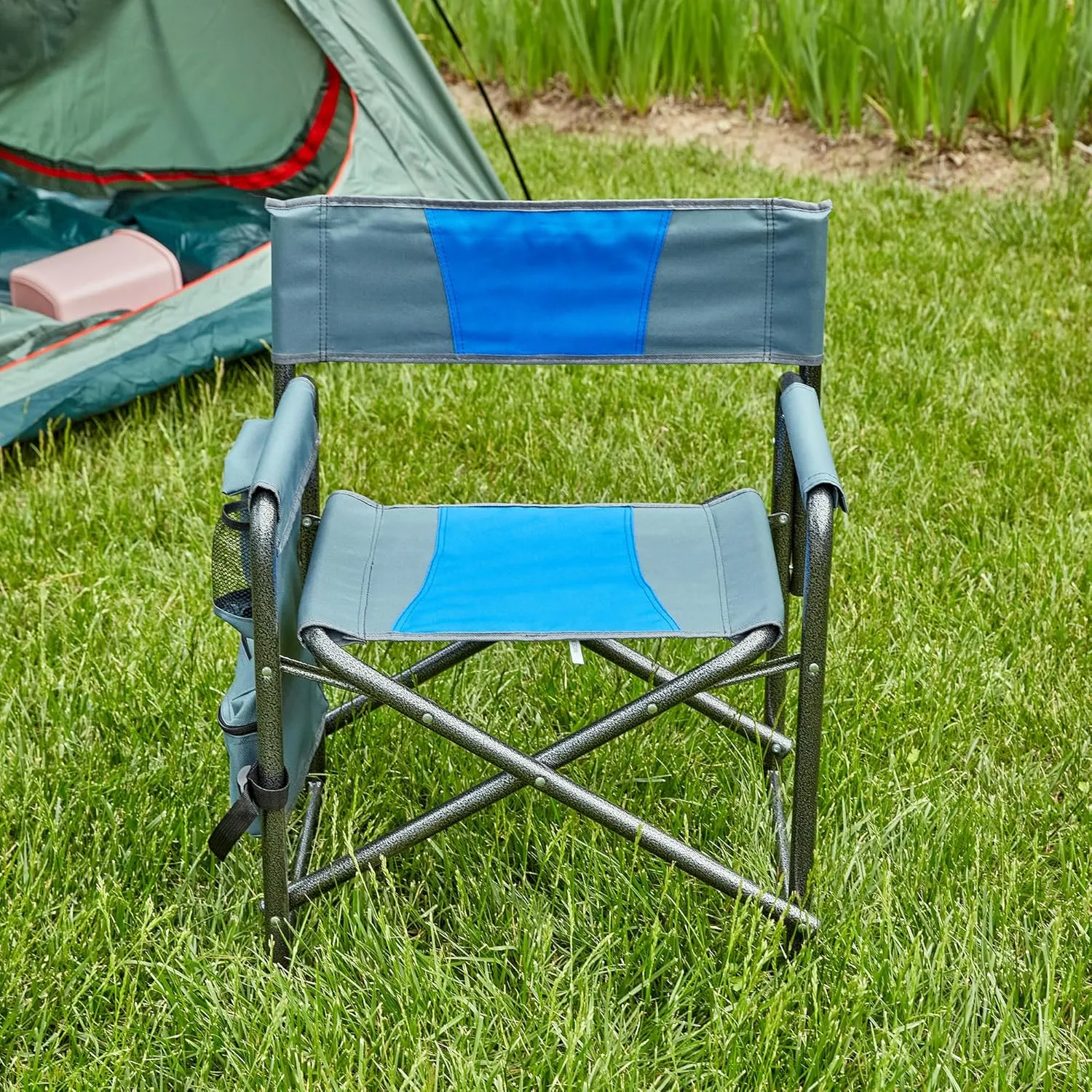 Padded Folding Outdoor Chair with Storage Pockets, Lightweight Oversized Directors Chair for Camping and Picnics, Blue/Grey
