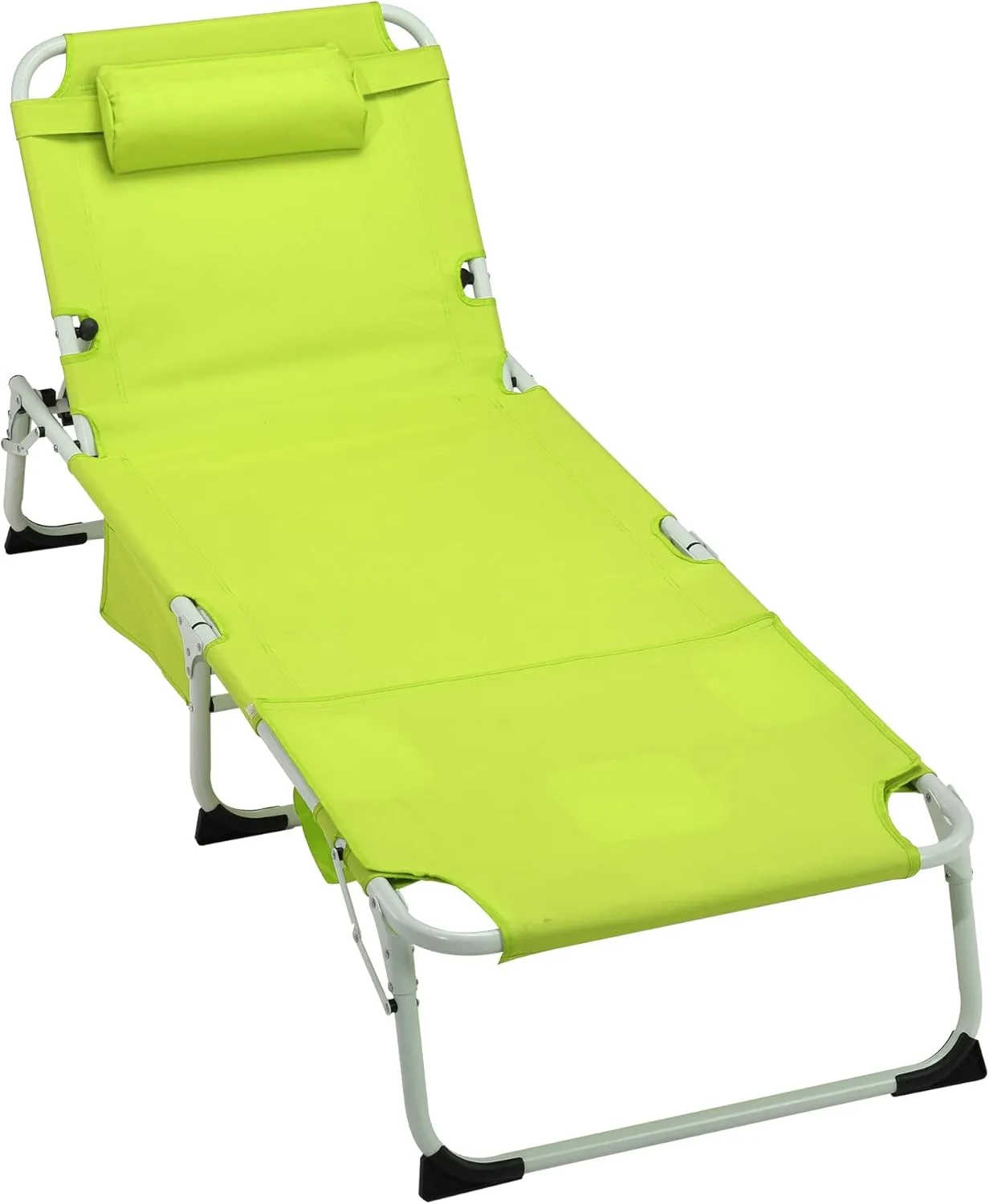 Padded Tanning Chair with Face Hole - 400lb Heavy Duty 5-Position Folding Chair, Lay Flat for Beach Pool Camping - w/Removable Pillow & Pocket (White Green)