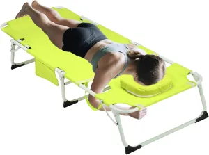 Padded Tanning Chair with Face Hole - 400lb Heavy Duty 5-Position Folding Chair, Lay Flat for Beach Pool Camping - w/Removable Pillow & Pocket (White Green)