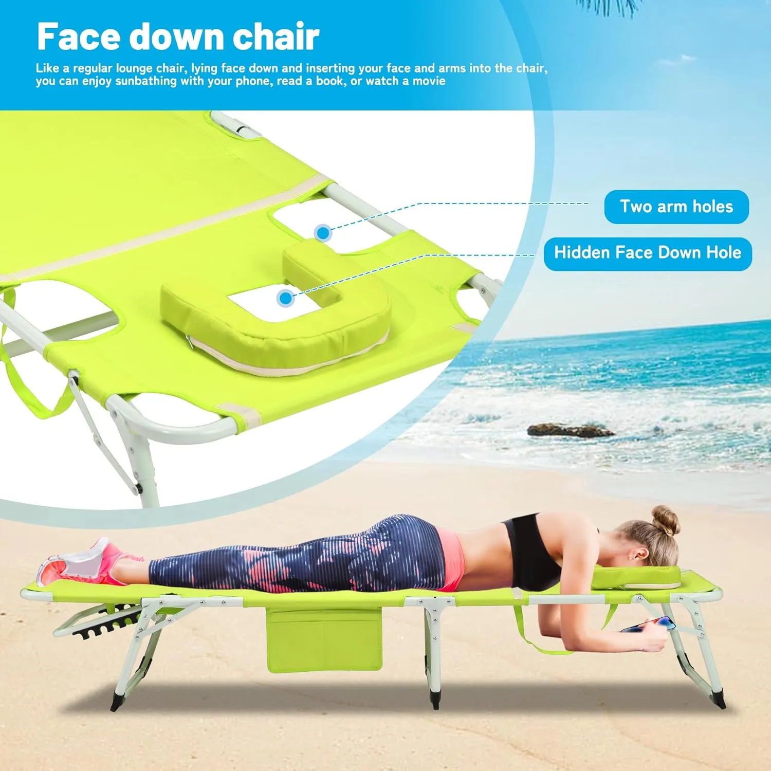 Padded Tanning Chair with Face Hole - 400lb Heavy Duty 5-Position Folding Chair, Lay Flat for Beach Pool Camping - w/Removable Pillow & Pocket (White Green)