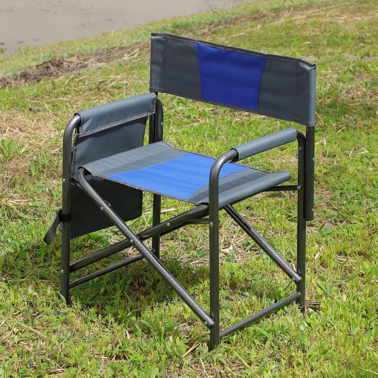 Patio Furniture Conversation Sets,Padded Folding Chair with Storage Pockets,Lightweight Oversized Directors Chair for indoor,Outdoor Camping,Picnics and Fishing(1PC Blue/Grey Folding Chairs)