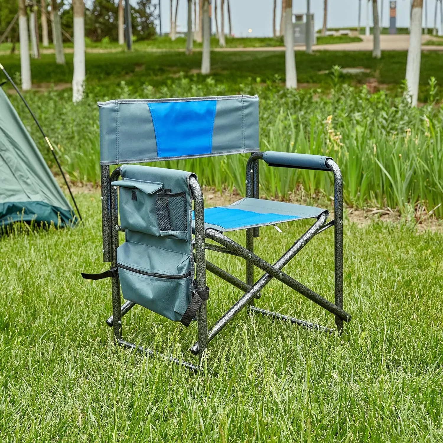 Patio Furniture Conversation Sets,Padded Folding Chair with Storage Pockets,Lightweight Oversized Directors Chair for indoor,Outdoor Camping,Picnics and Fishing(1PC Blue/Grey Folding Chairs)