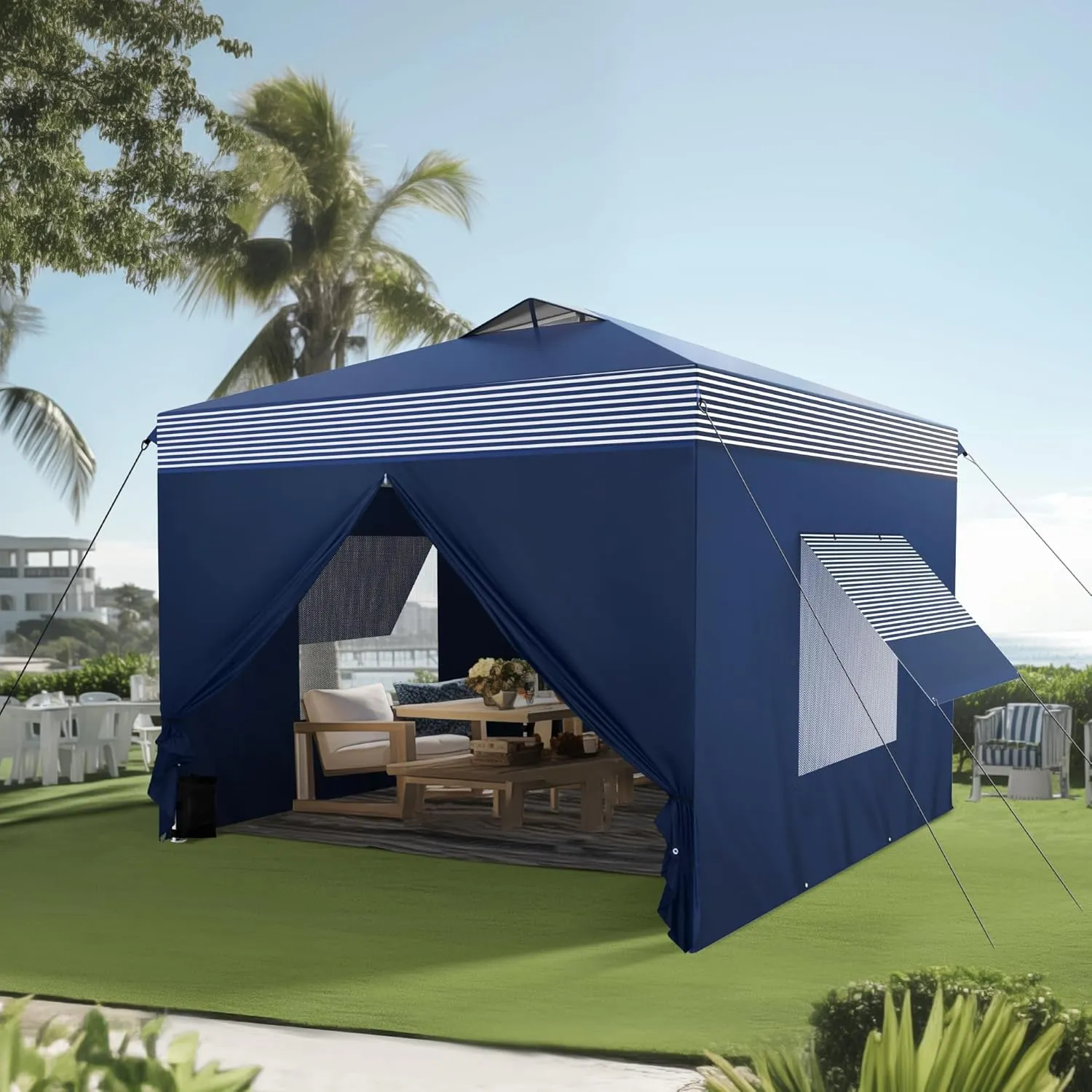 PHI VILLA 10'x10' Pop Up Canopy Tent with Sidewalls - Easy Up Tent with Mesh Windows for Ventilation, Waterproof Design - Ideal for Parties, Beach, and Outdoor Events (Navy Stripe)
